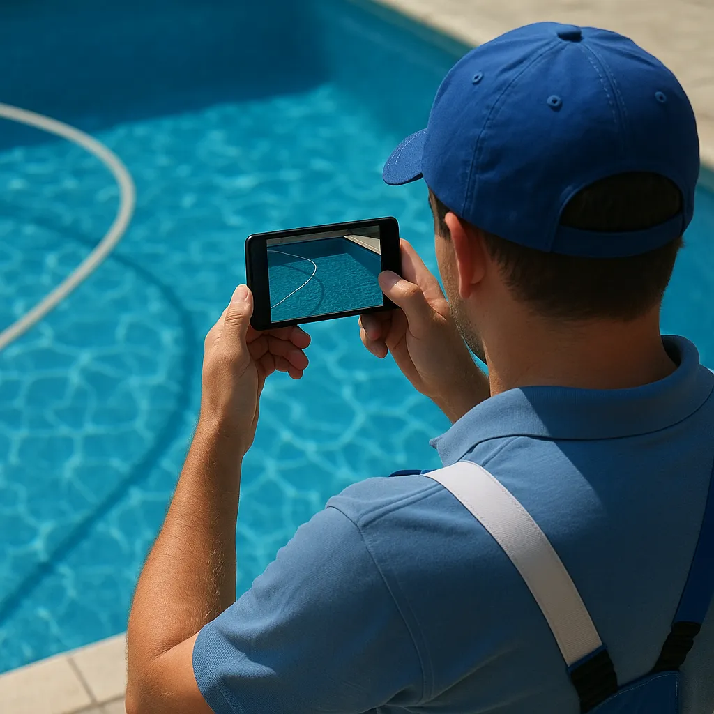 Technician taking picture of the pool cleaning service